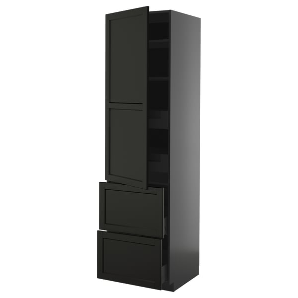 METOD / KNIVSHULT hi cab w shlvs/4 drawers/dr/2 frnts, black-grey/Lerhyttan black stained, 60x60x220 cm