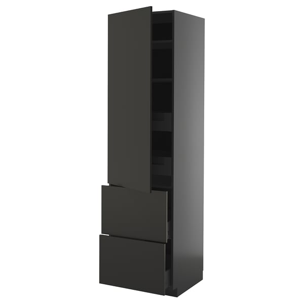 METOD / KNIVSHULT hi cab w shlvs/4 drawers/dr/2 frnts, black-grey/Nickebo matt anthracite, 60x60x220 cm