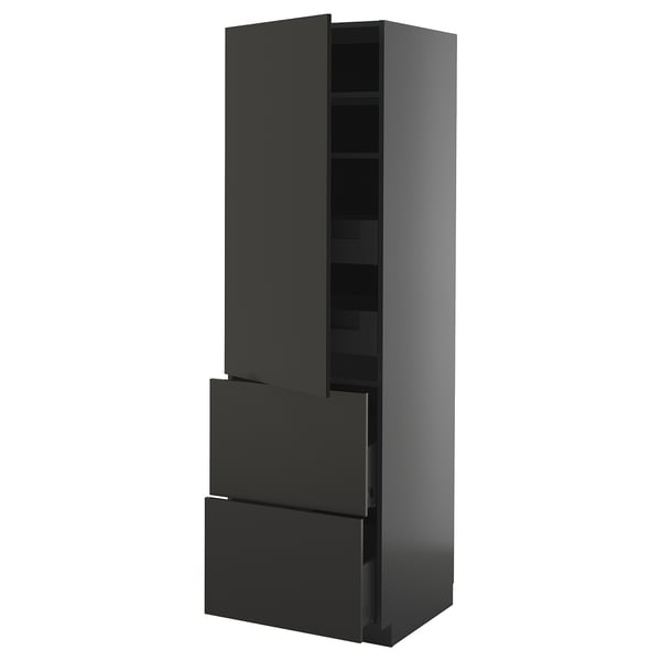 METOD / KNIVSHULT hi cab w shlvs/4 drawers/dr/2 frnts, black-grey/Nickebo matt anthracite, 60x60x200 cm
