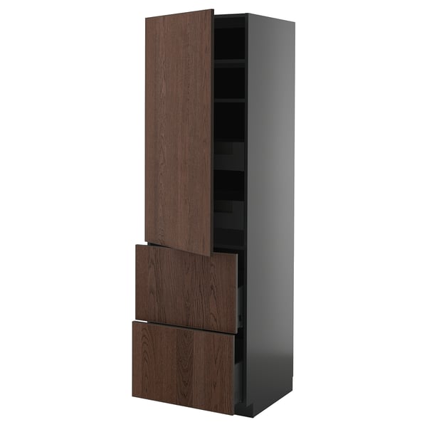 METOD / KNIVSHULT hi cab w shlvs/4 drawers/dr/2 frnts, black-grey/Sinarp brown, 60x60x200 cm