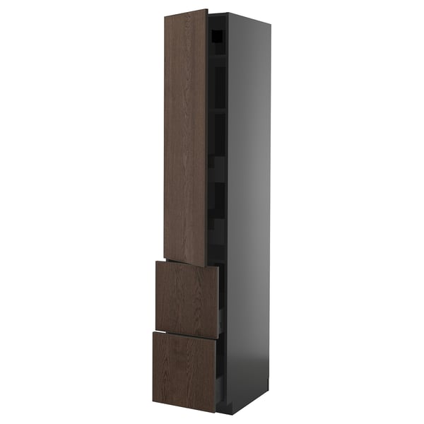 METOD / KNIVSHULT hi cab w shlvs/4 drawers/dr/2 frnts, black-grey/Sinarp brown, 40x60x220 cm