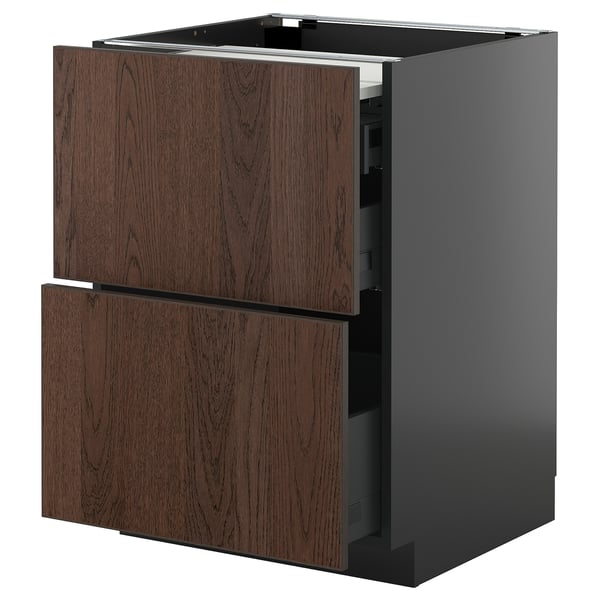 METOD / KNIVSHULT bc w pull-out work surface/3drw, black-grey/Sinarp brown, 60x60 cm