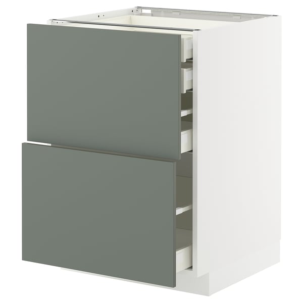 METOD / MAXIMERA base cb 2 frnts/2 low/1 md/1 hi drw, white/Nickebo matt grey-green, 60x60 cm
