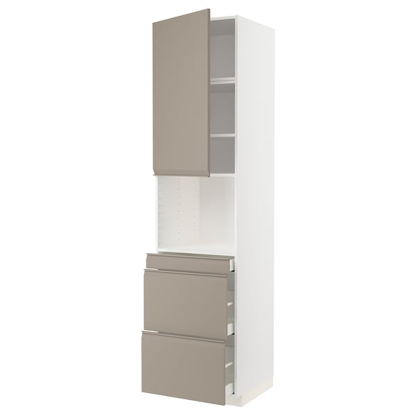 METOD / MAXIMERA hi cab f micro combi w door/3 drwrs, white/Upplöv matt dark beige, 60x60x240 cm