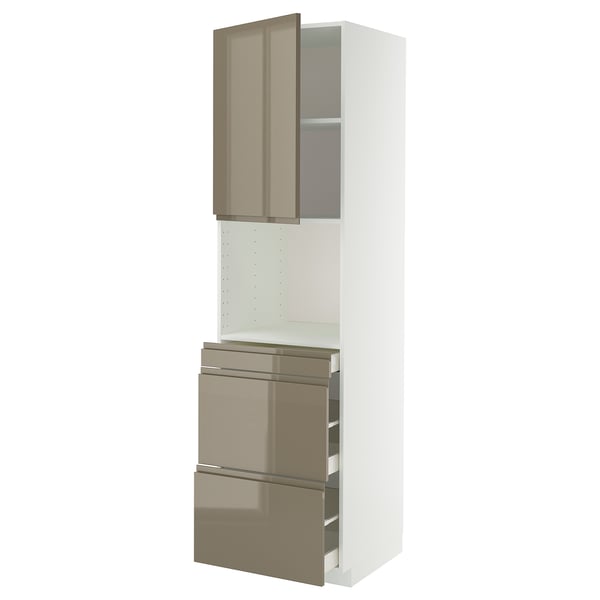 METOD / MAXIMERA hi cab f micro combi w door/3 drwrs, white/Voxtorp high-gloss dark grey-brown, 60x60x220 cm