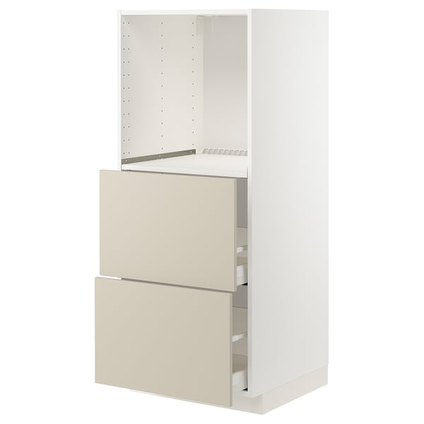 METOD / MAXIMERA high cabinet w 2 drawers for oven, white/Havstorp beige, 60x60x140 cm