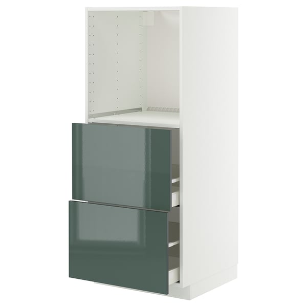 METOD / MAXIMERA high cabinet w 2 drawers for oven, white/Kallarp high-gloss dark grey-green, 60x60x140 cm