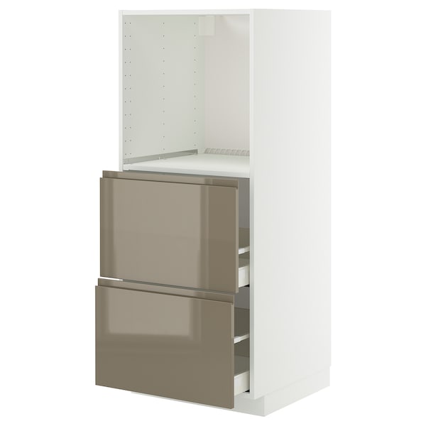 METOD / MAXIMERA high cabinet w 2 drawers for oven, white/Voxtorp high-gloss dark grey-brown, 60x60x140 cm