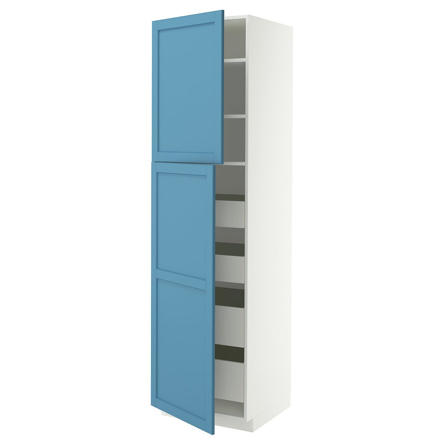 METOD / MAXIMERA hi cab w 2 doors/4 drawers, white/Lerhyttan blue, 60.0x220.0x60.0 cm
