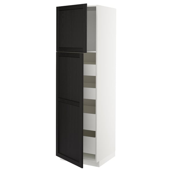 METOD / MAXIMERA hi cab w 2 doors/4 drawers, white/Lerhyttan black stained, 60x60x200 cm