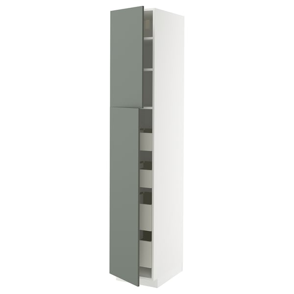 METOD / MAXIMERA hi cab w 2 doors/4 drawers, white/Nickebo matt grey-green, 40x60x220 cm