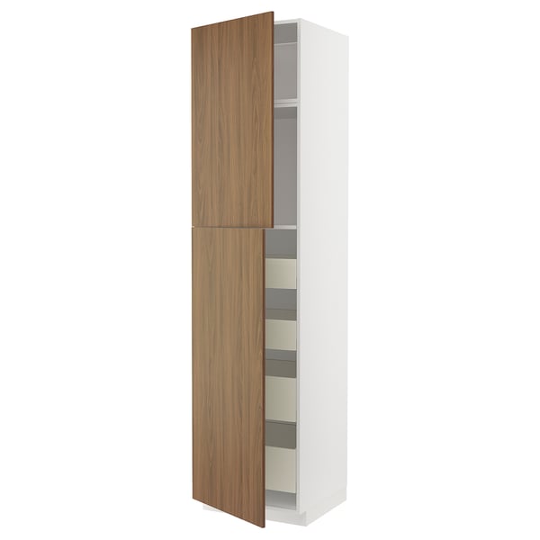 METOD / MAXIMERA hi cab w 2 doors/4 drawers, white/Tistorp brown walnut effect, 60x60x240 cm