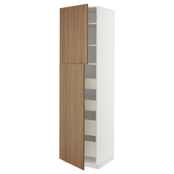 METOD / MAXIMERA hi cab w 2 doors/4 drawers, white/Tistorp brown walnut effect, 60x60x220 cm