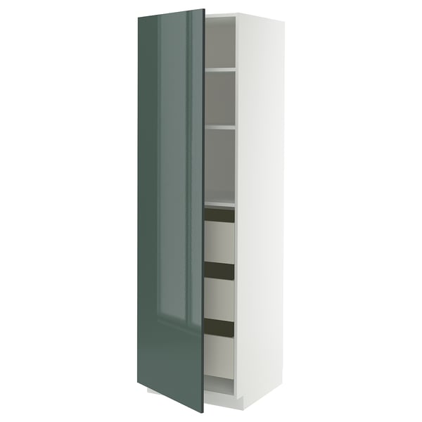 METOD / MAXIMERA high cabinet with drawers, white/Kallarp high-gloss dark grey-green, 60x60x200 cm