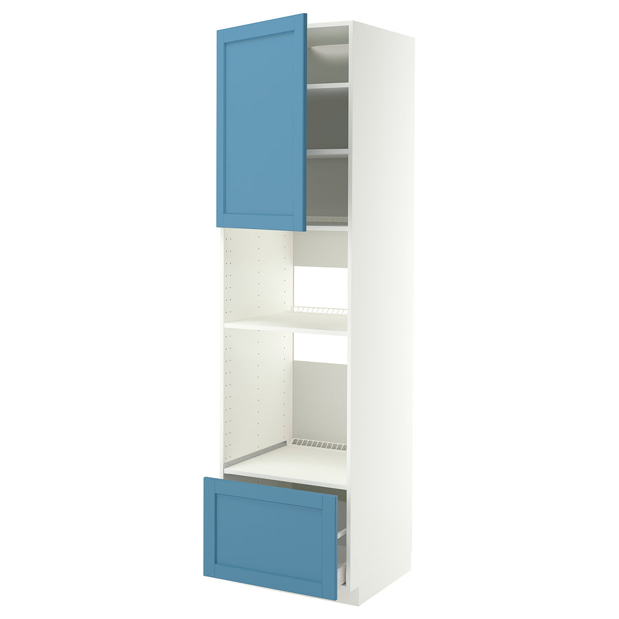 METOD / MAXIMERA high cabinet f built-in appliances, white/Lerhyttan blue, 60.0x220.0x60.0 cm