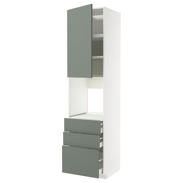 METOD / MAXIMERA high cab f oven w door/3 drawers, white/Nickebo matt grey-green, 60x60x240 cm