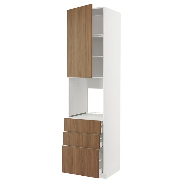 METOD / MAXIMERA high cab f oven w door/3 drawers, white/Tistorp brown walnut effect, 60x60x240 cm