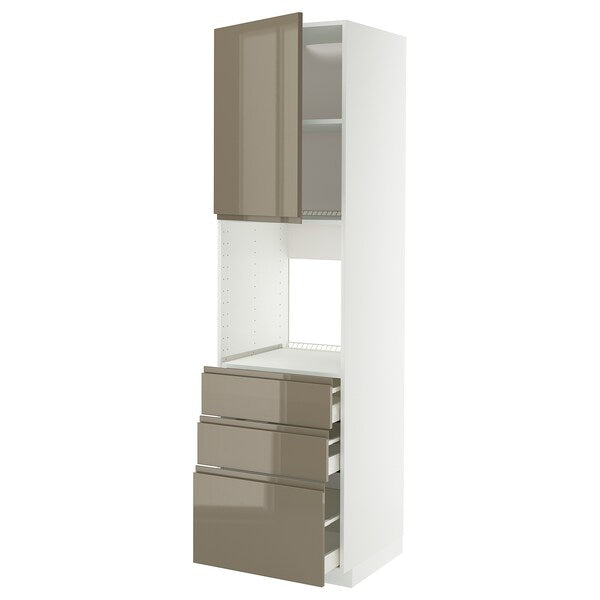 METOD / MAXIMERA high cab f oven w door/3 drawers, white/Voxtorp high-gloss dark grey-brown, 60x60x220 cm