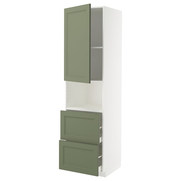 METOD / MAXIMERA hi cab f micro w door/2 drawers, white/Axstad grey-green, 60x60x220 cm
