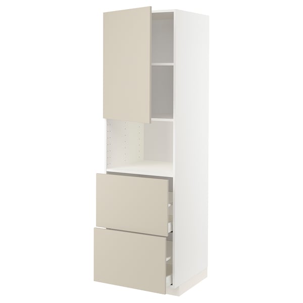 METOD / MAXIMERA hi cab f micro w door/2 drawers, white/Havstorp beige, 60x60x200 cm