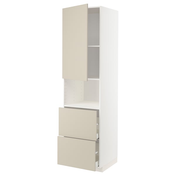 METOD / MAXIMERA hi cab f micro w door/2 drawers, white/Havstorp beige, 60x60x220 cm