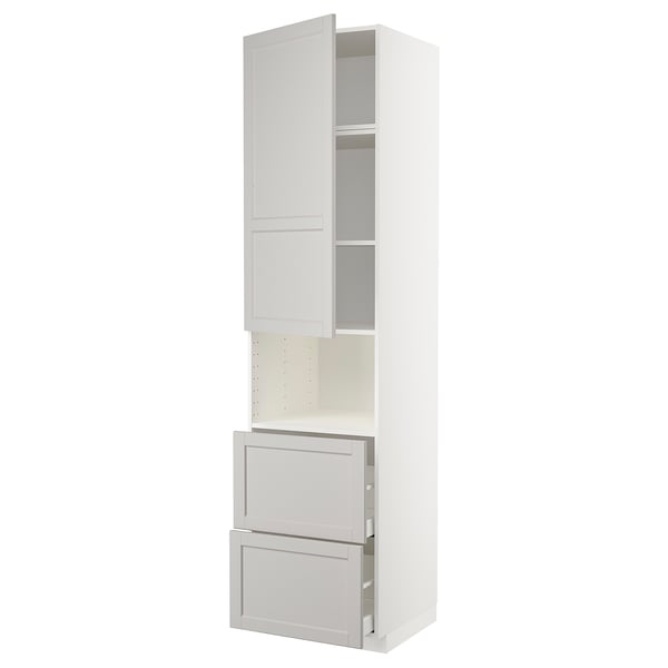 METOD / MAXIMERA hi cab f micro w door/2 drawers, white/Lerhyttan light grey, 60x60x240 cm