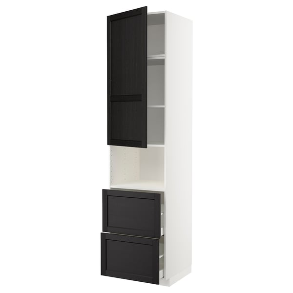 METOD / MAXIMERA hi cab f micro w door/2 drawers, white/Lerhyttan black stained, 60x60x240 cm