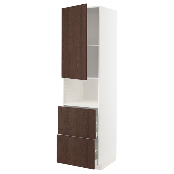 METOD / MAXIMERA hi cab f micro w door/2 drawers, white/Sinarp brown, 60x60x220 cm