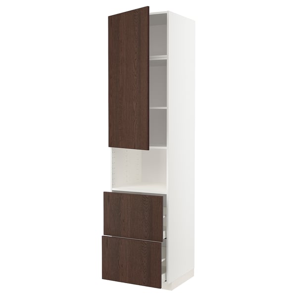 METOD / MAXIMERA hi cab f micro w door/2 drawers, white/Sinarp brown, 60x60x240 cm