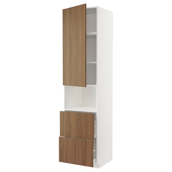 METOD / MAXIMERA hi cab f micro w door/2 drawers, white/Tistorp brown walnut effect, 60x60x240 cm