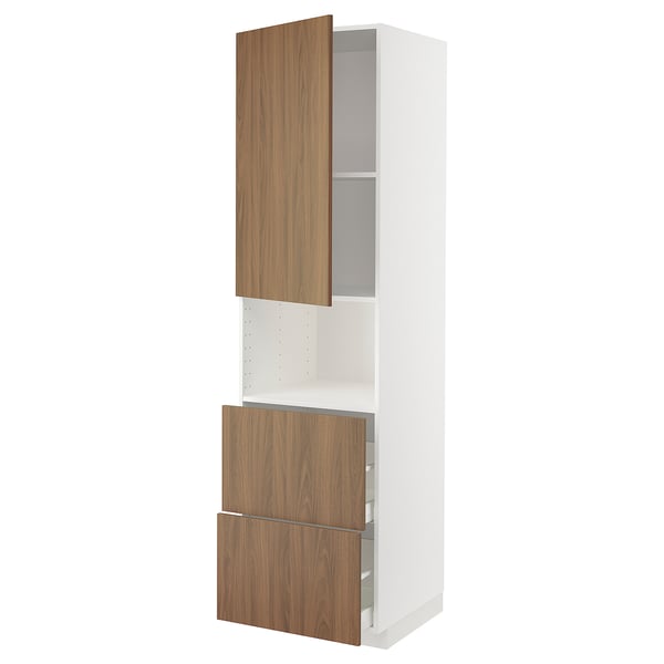 METOD / MAXIMERA hi cab f micro w door/2 drawers, white/Tistorp brown walnut effect, 60x60x220 cm