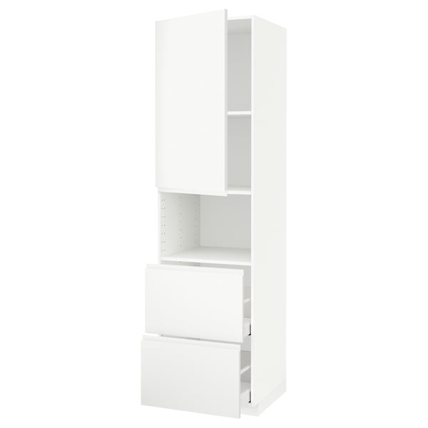 METOD / MAXIMERA hi cab f micro w door/2 drawers, white/Voxtorp matt white, 60x60x220 cm