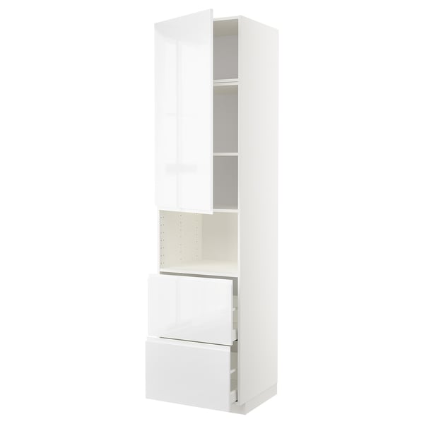 METOD / MAXIMERA hi cab f micro w door/2 drawers, white/Voxtorp high-gloss/white, 60x60x240 cm