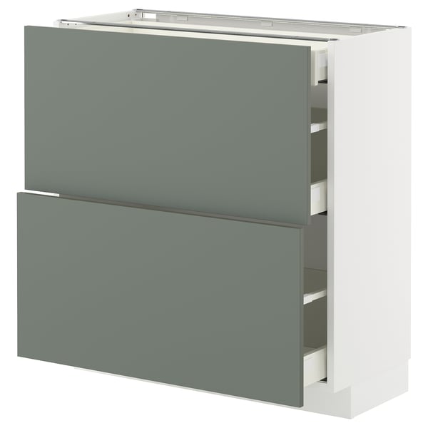 METOD / MAXIMERA base cab with 2 fronts/3 drawers, white/Nickebo matt grey-green, 80x37 cm