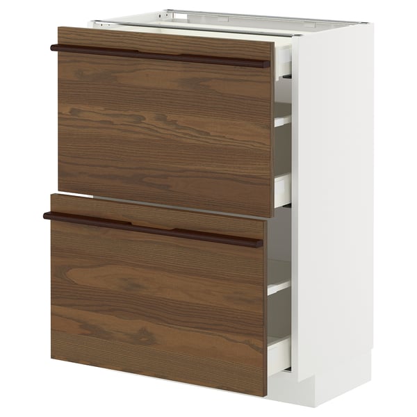 METOD / MAXIMERA base cab with 2 fronts/3 drawers, white/Stensta dark brown ash veneer, 60x37 cm