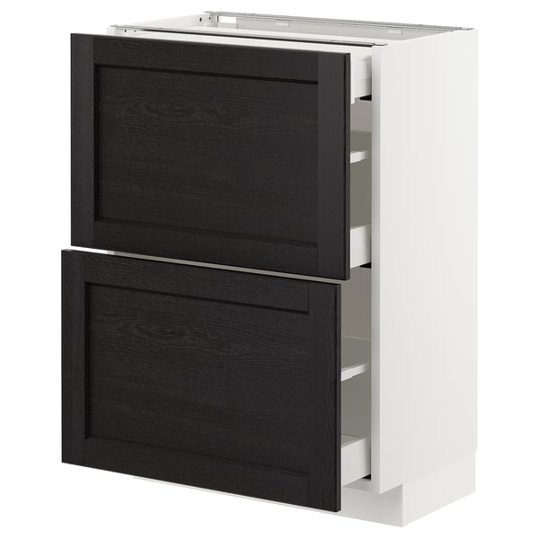 METOD / MAXIMERA base cab with 2 fronts/3 drawers, white/Lerhyttan black stained, 60x37 cm