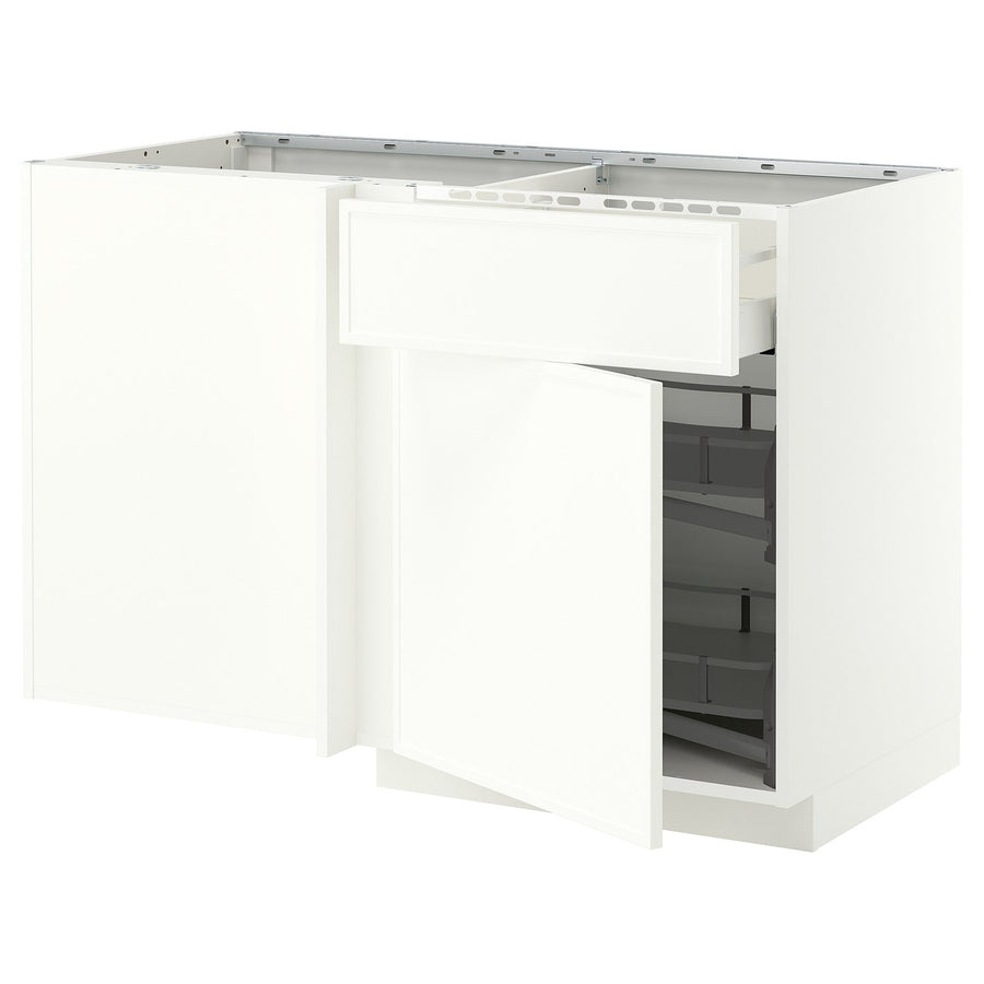 METOD / MAXIMERA corner base cab w drawer and p-out, white/Aspudden matt white, 128x68 cm