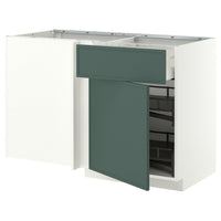 METOD / MAXIMERA corner base cab w drawer and p-out, white/Aspudden dark grey-green, 128x68 cm