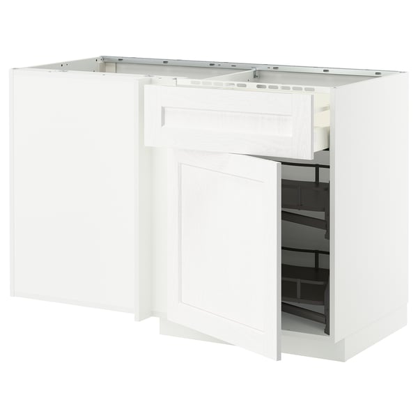 METOD / MAXIMERA corner base cab w drawer and p-out, white Enköping/white wood effect, 128x68 cm