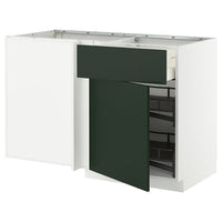 METOD / MAXIMERA corner base cab w drawer and p-out, white/Havstorp deep green, 128x68 cm
