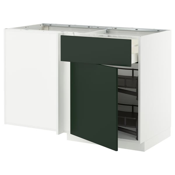 METOD / MAXIMERA corner base cab w drawer and p-out, white/Havstorp deep green, 128x68 cm