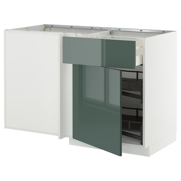METOD / MAXIMERA corner base cab w drawer and p-out, white/Kallarp high-gloss dark grey-green, 128x68 cm