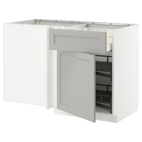 METOD / MAXIMERA corner base cab w drawer and p-out, white/Lerhyttan light grey, 128x68 cm
