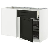 METOD / MAXIMERA corner base cab w drawer and p-out, white/Lerhyttan black stained, 128x68 cm