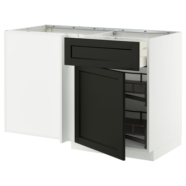METOD / MAXIMERA corner base cab w drawer and p-out, white/Lerhyttan black stained, 128x68 cm