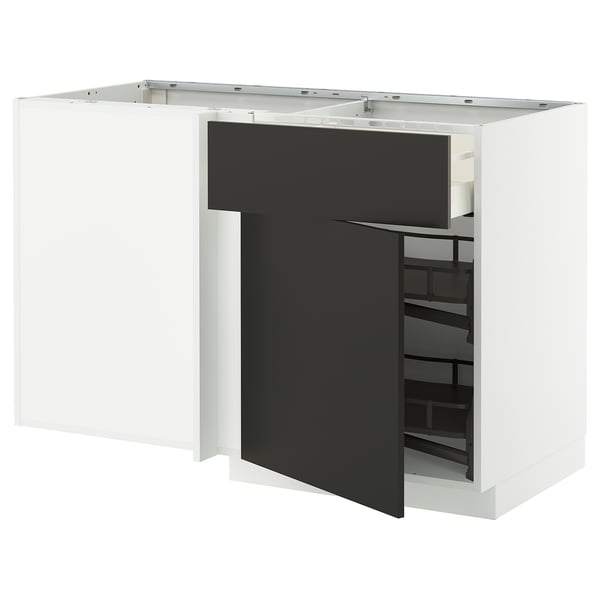 METOD / MAXIMERA corner base cab w drawer and p-out, white/Nickebo matt anthracite, 128x68 cm