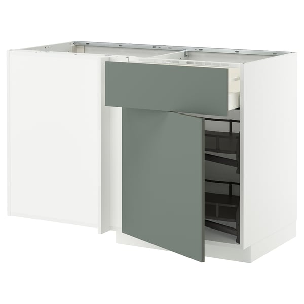 METOD / MAXIMERA corner base cab w drawer and p-out, white/Nickebo matt grey-green, 128x68 cm