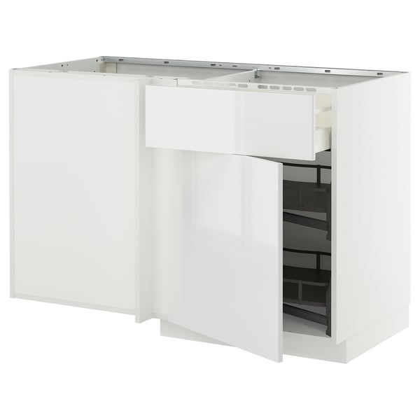 METOD / MAXIMERA corner base cab w drawer and p-out, white/Ringhult white, 128x68 cm
