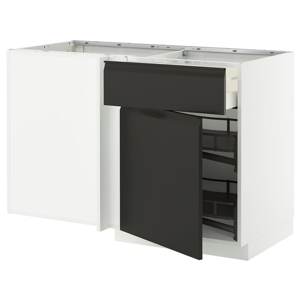METOD / MAXIMERA corner base cab w drawer and p-out, white/Upplöv matt anthracite, 128x68 cm