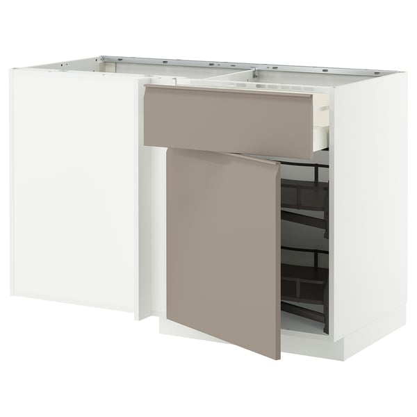 METOD / MAXIMERA corner base cab w drawer and p-out, white/Upplöv matt dark beige, 128x68 cm